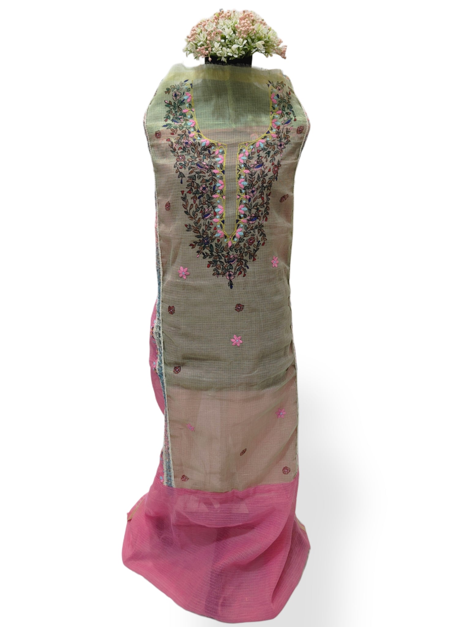 Pastel Green & Pink Soft Kota Doria - Unstitched Suit Set with Phool Patti Work